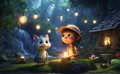 girl and cute cat