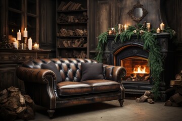 living room with fireplace and  leather sofa
