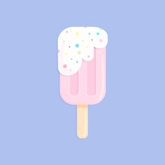 Delicious pink ice cream with butter cream and sweet sprinkles. Vector illustration.
