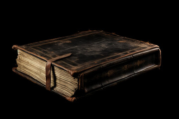 Book with brown ribbon on top of it on black background.