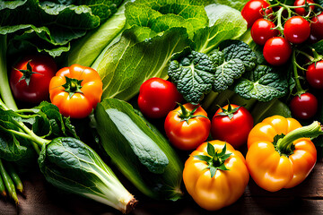 Fresh fruits and vegetables with refreshing water droplets and an attractive combination of green and red. Generative AI