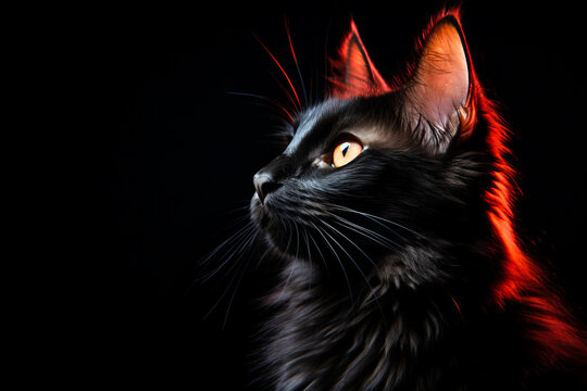 Black cat with orange eyes looking up at something in the dark.