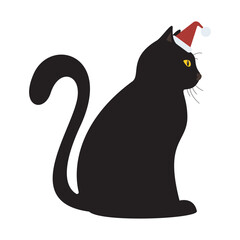 Black cat wearing Santa hat sitting side view isolated on white background flat design vector illustration.