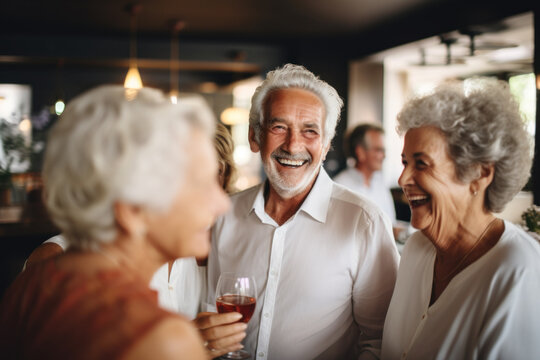 Joyful senior friends laughing and sharing a drink together.