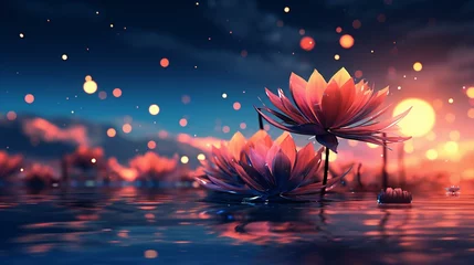Foto op Canvas Serene Twilight Serenade: Water Lilies Basking in the Glow of a Sunset Sky © Jahid