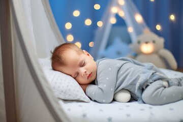 Newborn baby is sleeping in cute bedroom