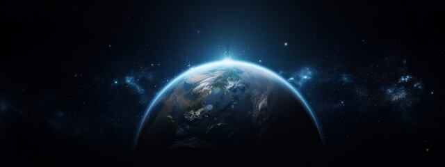 Cinematic view over rising planet earth from the space. Night earth background