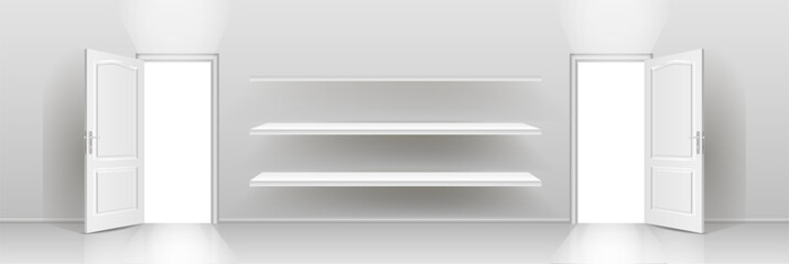A white empty shelf on a white wall. Vector layout, a place to copy.