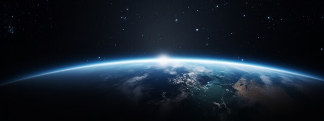 Cinematic view over rising planet earth from the space. Night earth background - obrazy, fototapety, plakaty
