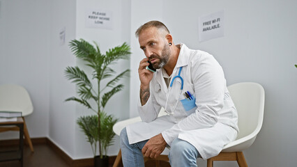 Handsome young man doctor, deep in conversation over a phone call on his smartphone, sitting relaxed in the waiting room chair at the clinic, engrossed in a professional talk