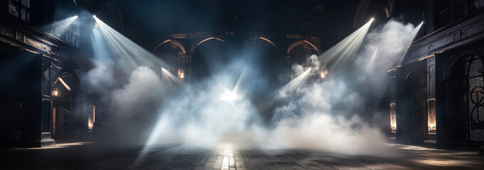 Dramatic empty stage, podium. Dark Scene with smoke, fog  illuminated spotlights. Cinematic, theatre background, mockup. Generative ai