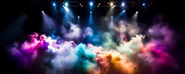 Scene with colorful smoke, fog, steam,  illuminated spotlights. stage, podium for product presentation. Colorful, abstract background, mockup. Generative ai - obrazy, fototapety, plakaty