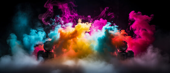 Obraz na płótnie Canvas Scene with colorful smoke, fog, steam, illuminated spotlights. stage, podium for product presentation. Colorful, abstract background, mockup. Generative ai
