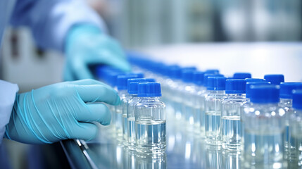 Hands with sanitary gloves checking vials of liquid medical in production line, pharmaceutical manufacturing industry and biotechnology concept.
