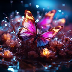 a butterfly on flowers with lights