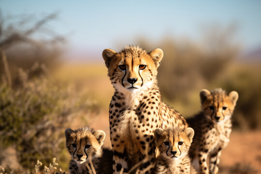 Lovely cheetah family, mother with three cheetah cubs sitting looking at the camera, in savanna grassland.
