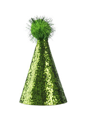 Realistic green glitter party hat with pompon on top. Isolated cutout on a transparent background.