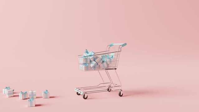 3D Animation footage. Christmas holiday shopping concept. Shopping cart with many gift boxes on pastel pink background