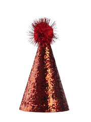 Realistic red glitter party hat with pompon on top. Isolated cutout on a transparent background.