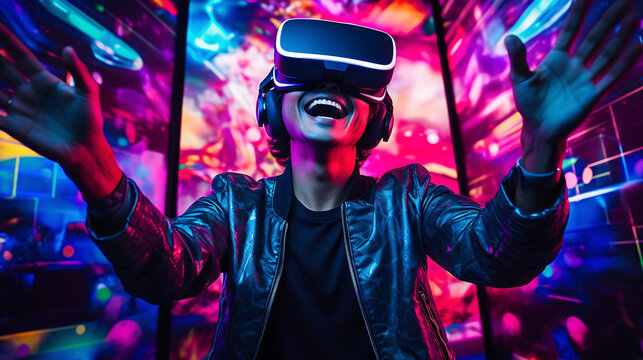 A man wearing VR headset excited and enjoying futuristic virtual reality cyberspace, innovation technology and gaming concept.