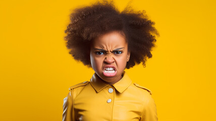 Fototapeta na wymiar Angry irritated African American girl on yellow background