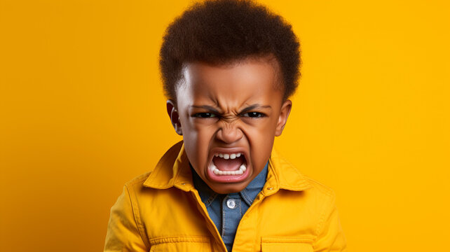 Angry irritated African American boy on yellow background