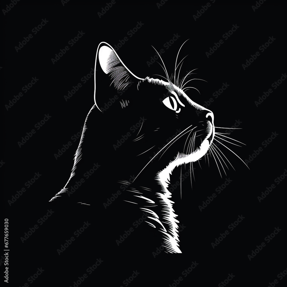 Wall mural white cat head logo on black background