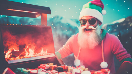 Christmas BBQ party with a middle aged man with a white beard in front of a flaming BBQ Outside in the snow - obrazy, fototapety, plakaty