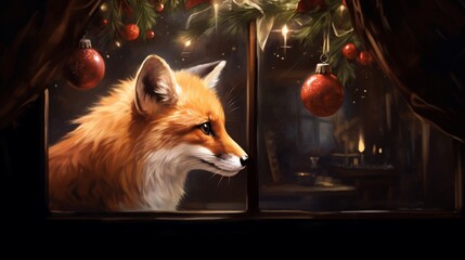 A clever fox tries to catch a glimpse of its reflection in a shiny Christmas ornament, intrigued by the festive spectacle. - obrazy, fototapety, plakaty
