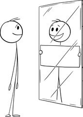 Happy Person Looking at Yourself in Mirror, Vector Cartoon Stick Figure Illustration