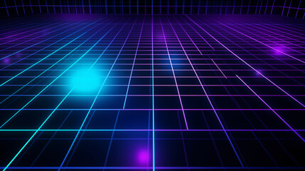 Cyan blue and purple grids neon glow light lines design on perspective floor, creativity, digital, internet, cyberpunk, virtual reality concept, hi tech abstract background.