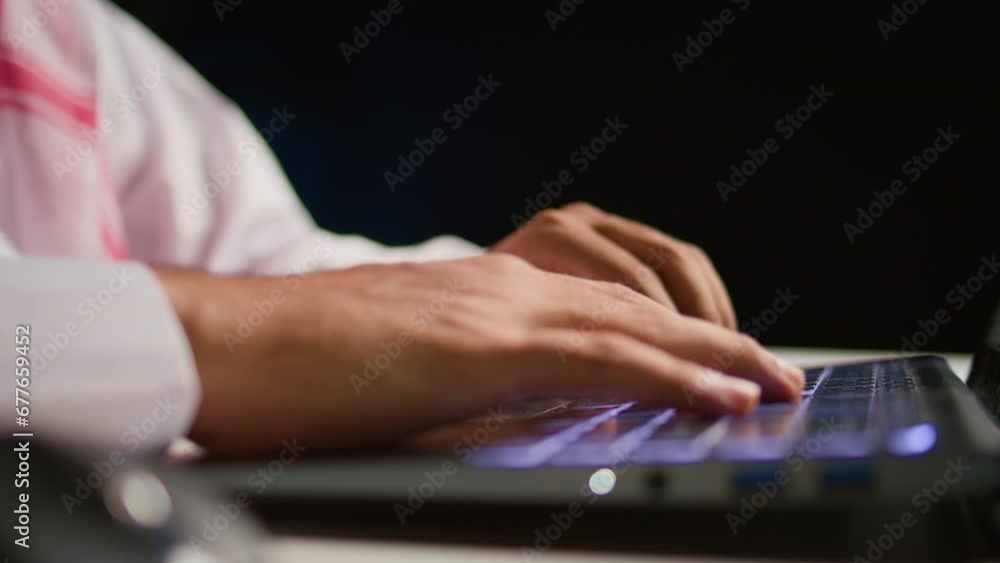 Poster close up shot of businessman using laptop in office to send emails. worker typing on notebook keyboa