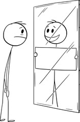 Frustrates Person Watching Yourself in Mirror, Vector Cartoon Stick Figure Illustration