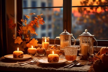 Fototapeta na wymiar Cozy autumn window with hot tea and candles.