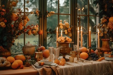 Vintage and romantic autumn table setting with candles.