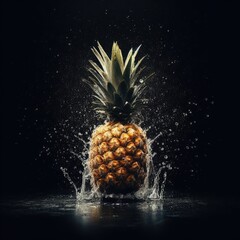 pineapple in water splash on black
