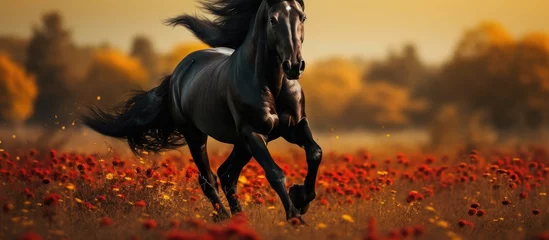 Foto op Plexiglas In the stunning autumn landscape a beautiful black horse with a vibrant coat color is running freely through the meadow enhancing the beauty of nature with its magnificent graceful body an  © TheWaterMeloonProjec