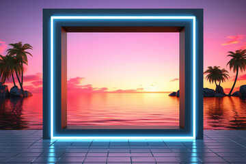 Glowing Neon Square Frame Over Futuristic Landscape With Cliffs And Water