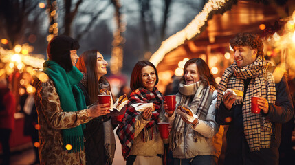 Happy, laughing people, friends standing on outdoor winter fair, drinking hot drinks, eating hot...