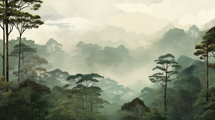 Tall trees and a rainforest shrouded in mist.