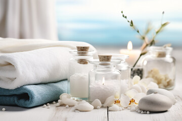 Fototapeta na wymiar Massage Stones, Essential Oils, and Sea Salt for Spa Procedures on White Wooden Table