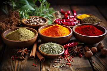 .Colorful Spices on Wooden Table. Food Photography