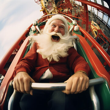 Santa laughing as he is having fun on a theme park rollercoaster ride.