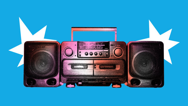 Poster. Contemporary art collage. Modern creative artwork. Vintage audio tape recorder in mixed neon light isolated blue background. Image in old paper style.