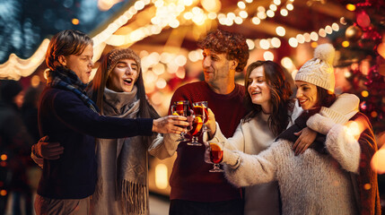 Cheers. Happy, cheerful friends, men and women attending outdoor fair, celebrating Christmas,...