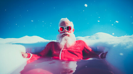 Chill Santa lounges in a North Pole hot tub, relishing a day off - obrazy, fototapety, plakaty
