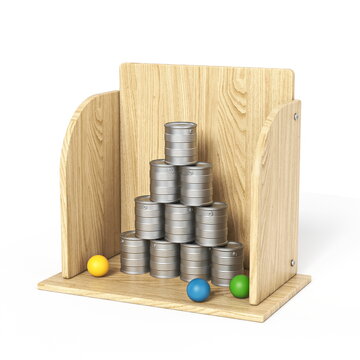 Tin can shooting game in wooden box 3D