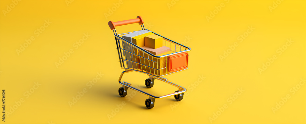 Poster a shopping cart with packages inside is on a bright yellow background, creating a cheerful and simpl