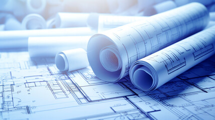 Paper rolls of architectural drawings and blueprint