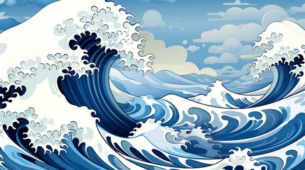 Fototapeta na wymiar Stylized Blue Waves Crashing Elegantly with Swirling Foam under a Calm Sky